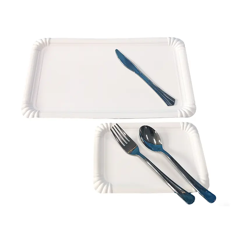 จานกระดาษเค้กปาร์ตี้สีขาวทรงสี่เหลี่ยม